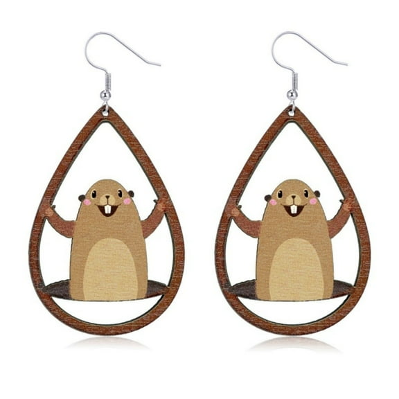 Handmade Wooden Groundhog Earrings Cute Funny Groundhog Day Earrings for Women , Animal Holiday Jewelry Suit for Groudhog Costume Accessories Gifts