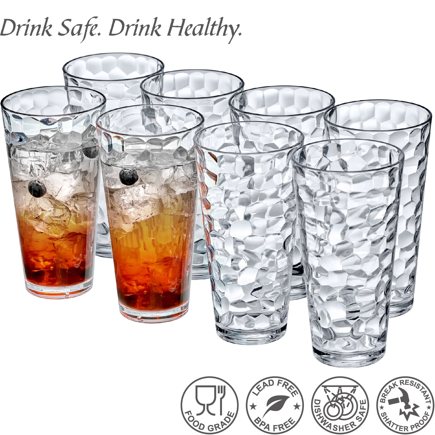 Amazing Abby - Iceberg - 24-Ounce Plastic Tumblers (Set of 8), Plastic Drinking Glasses, All-Clear High-Balls, Reusable Plastic Cups, Stackable, BPA-Free, Shatter-Proof, Dishwasher-Safe