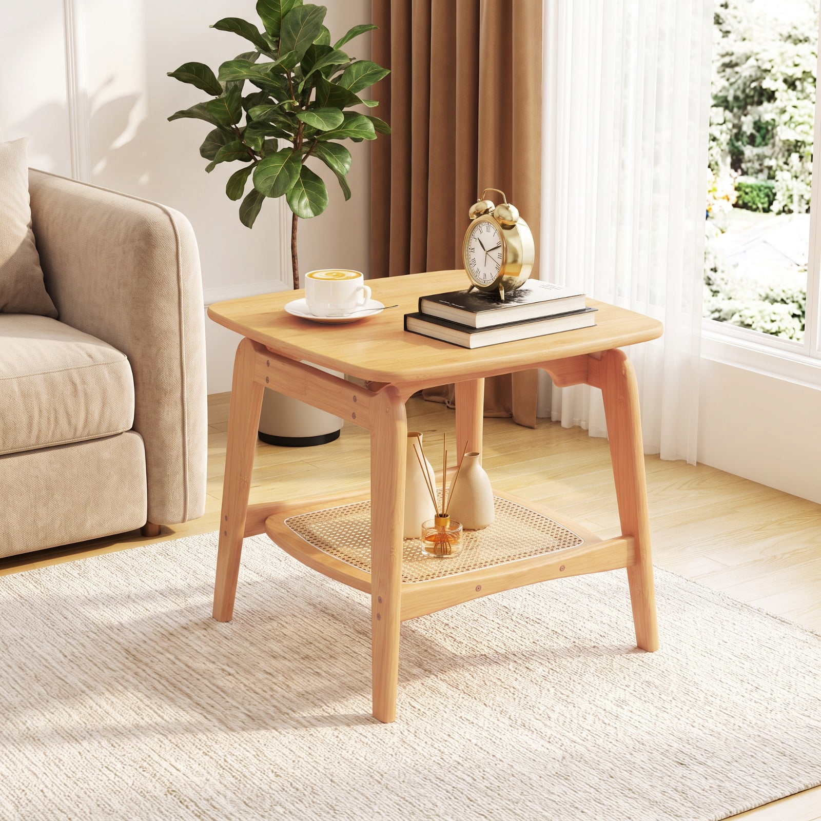 Furnibear Boho Bamboo Sofa Side Table with Faux Rattan Storage Shelf and Curved Frame for Living Room Bedroom and Study, Natural