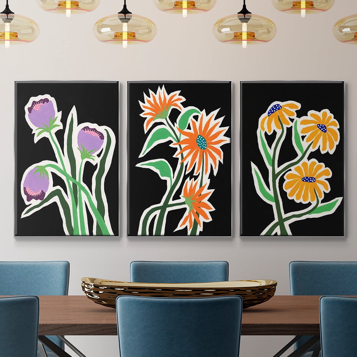 Pop Flowers I - Framed Premium Gallery Wrapped Canvas L Frame 3 Piece Set - Ready to Hang
