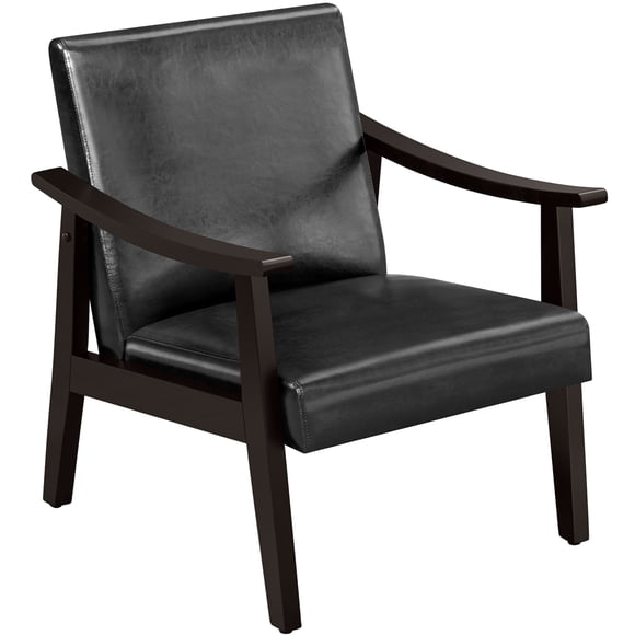 Yaheetech Mid-Century Modern Faux Leather Accent Chair with Solid Wood Legs, Black