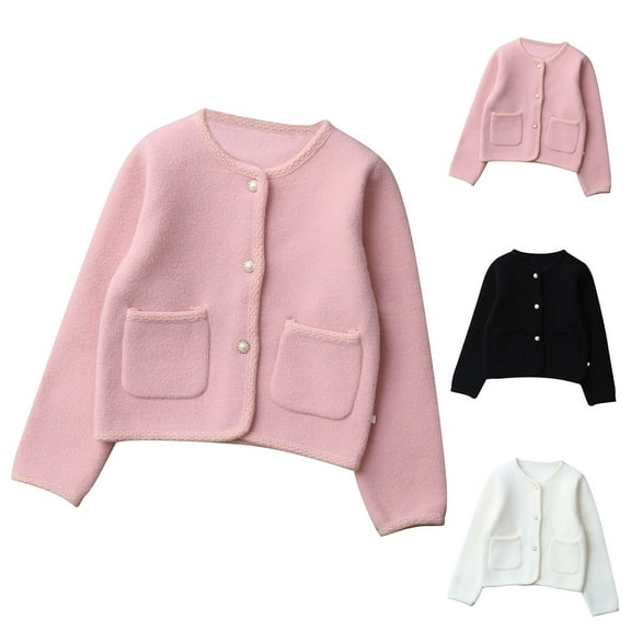AINIYS Little Girls Crewneck Cardigan Sweaters Long Sleeve Kids Solid Button Knit Tops Outwear with Pocket Black 5 Years
