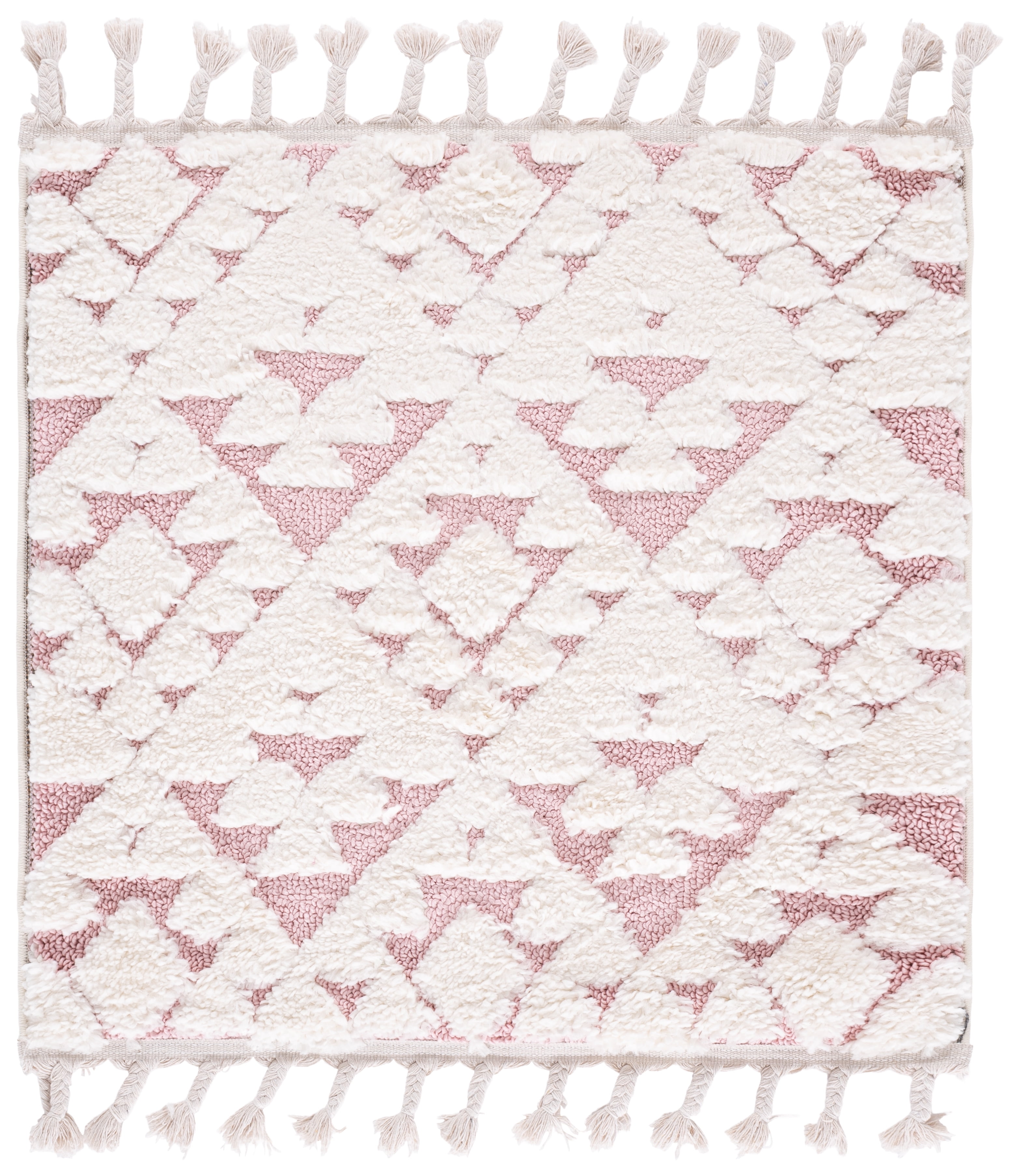 Safavieh Moroccan Tassel Larry Geometric Shag Area Rug, Ivory/Pink, 5'3" x 5'3" Square