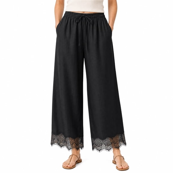 Wrongduck Women's Lace Trim Wide Leg Pants, Cropped Palazzo Trousers with Drawstring Elastic Waist and Pockets, Lightweight Summer Casual Lounge Pants