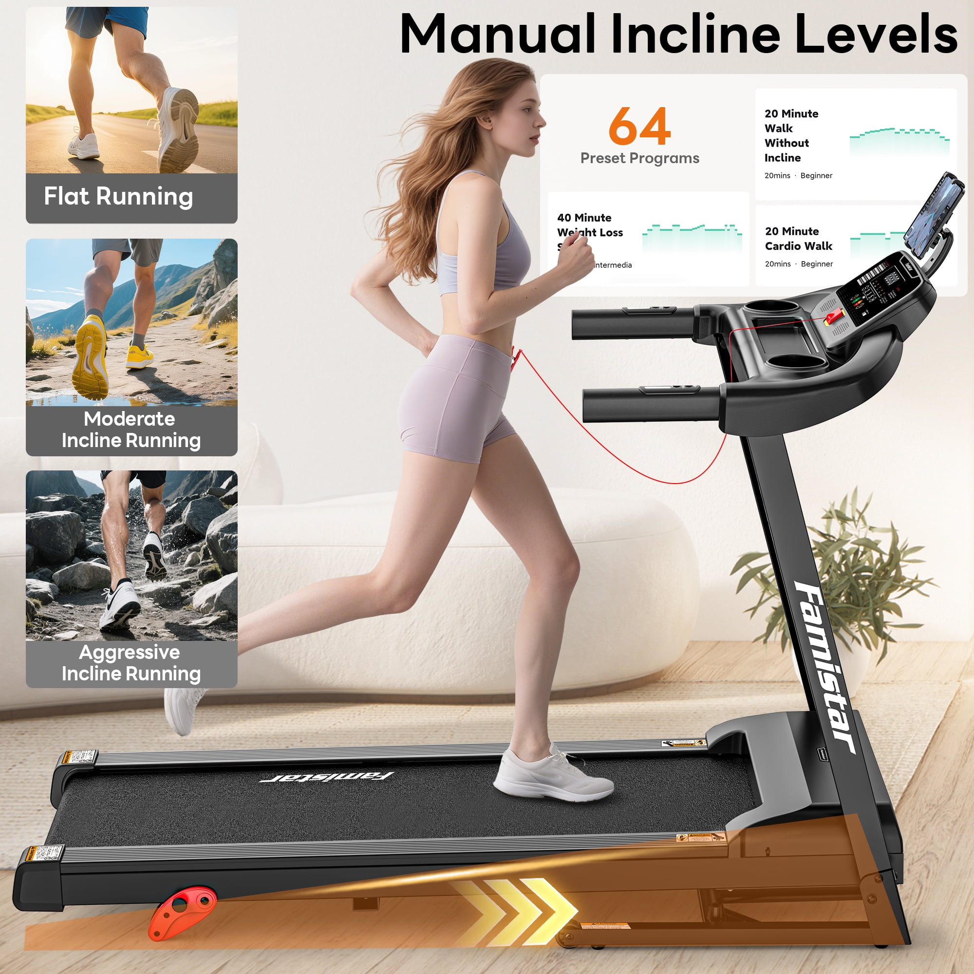 Folding Treadmill 300lbs Capacity, 6% Incline Treadmill with App Control, Electric Treadmill for Home Use, Free Fit Course, 64+3+3+1Programs, Shock Absorption, Home&Office