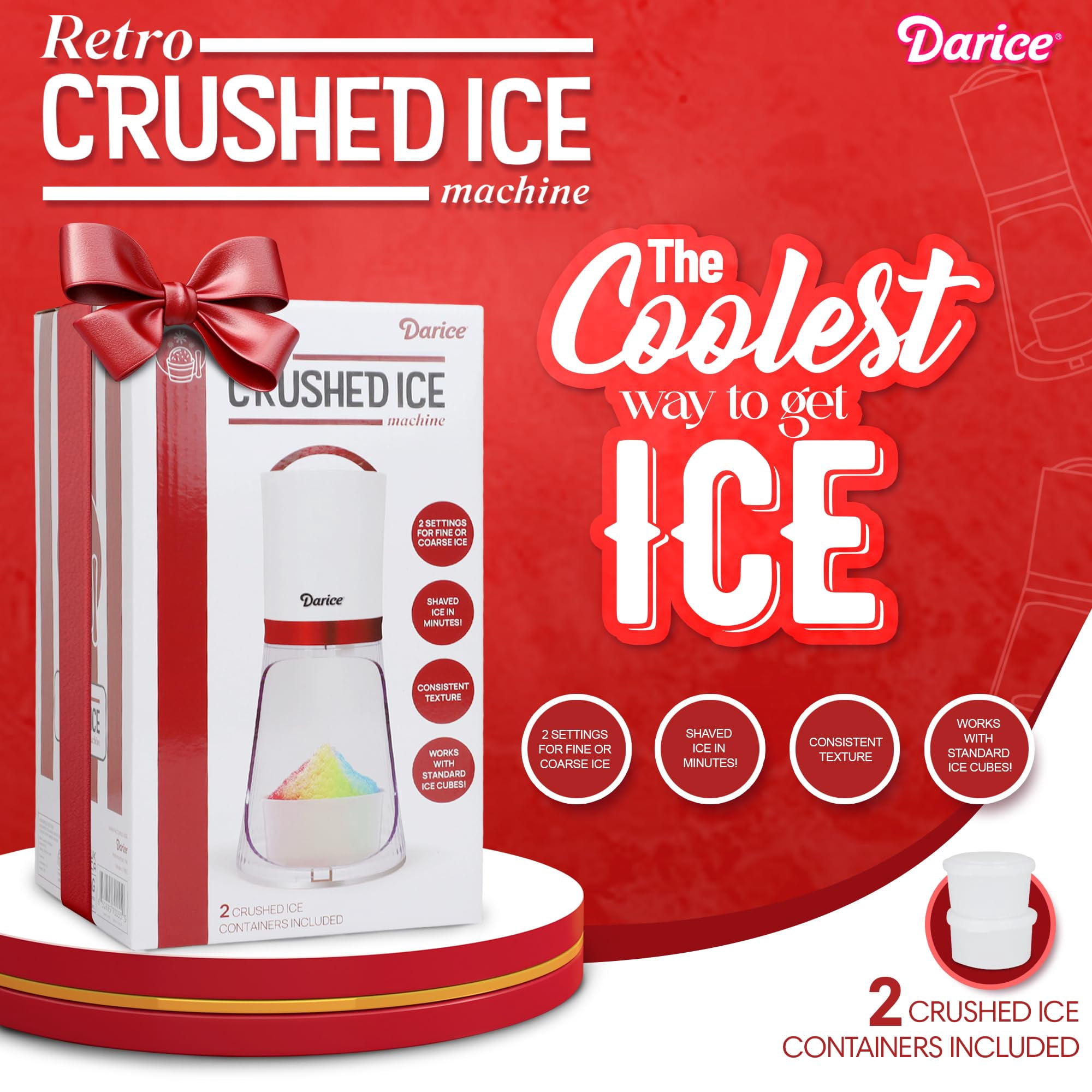 Darice Shaved Ice Machine – Crushed Ice Maker with 2 Ice Containers – Ice Shaver Machine for Fine and Coarse Ice – Ice Maker Crushed Ice for Slushie, Snow Cones, Cocktails, Drinks