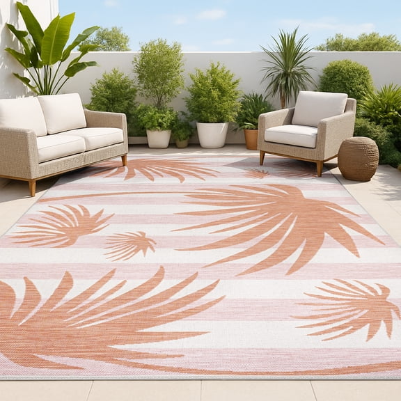 JONATHAN Y TUSCAN SUN 5 x 8 Area Rug, Veronica Beach Stripe and Palm Leaf - Pink/Cream, TSN402A-5