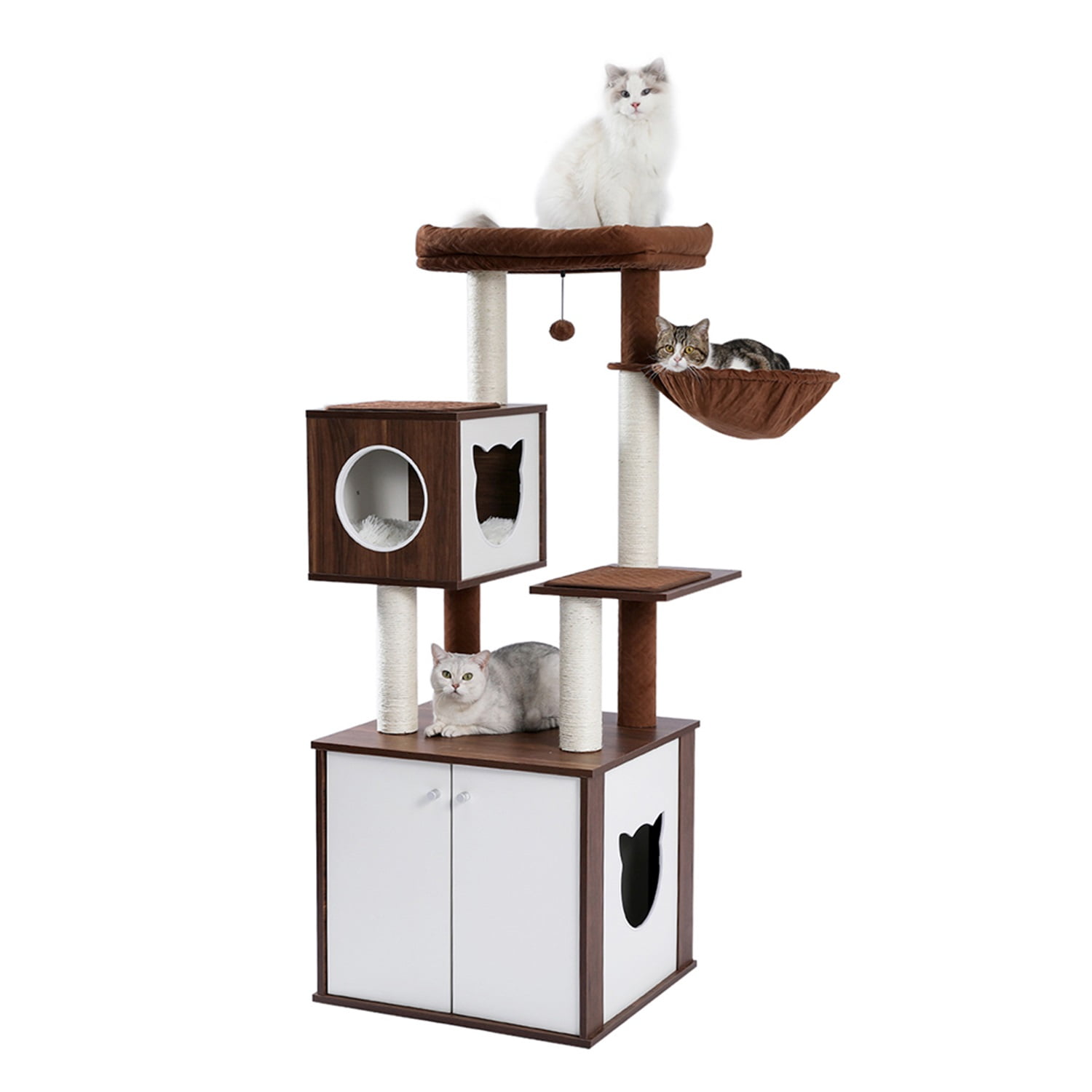 Pefilos Modern Cat Tree for Indoor Cats, 59”Multifunctional Cat Tree Tower for Adult Cats with Little Box Cabinet, Cat Condo for Large Cats, Wood Hidden Litter Box Furniture for Cat, Brown Pefilos Modern Cat Tree for Indoor Cats, 59”Multifunctional Cat Tree Tower for Adult Cats with Little Box Cabinet, Cat Condo for Large Cats, Wood Hidden Litter Box Furniture for Cat, Brown