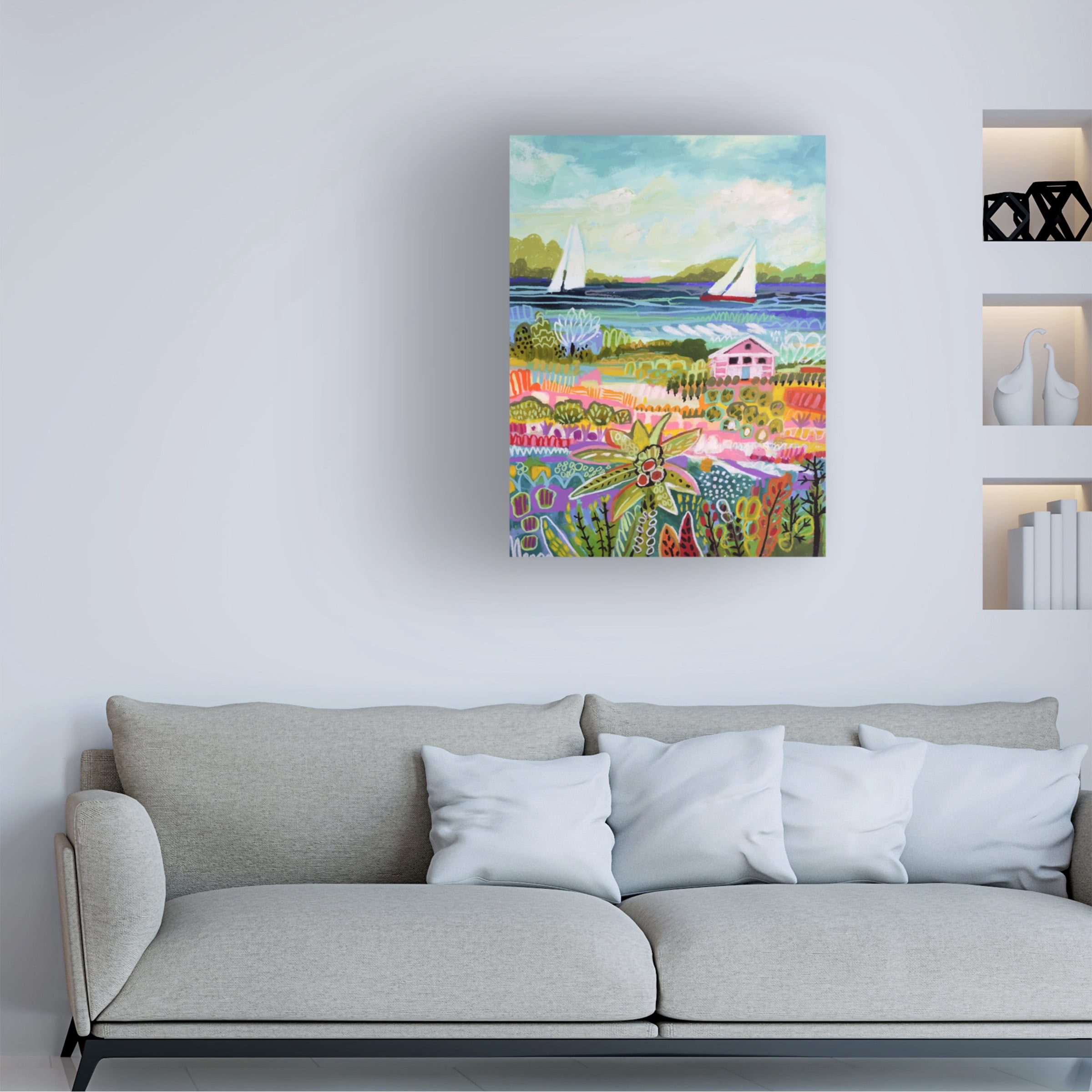 Trademark Fine Art Karen Fields Two Sailboats And Cottage I Canvas Wall Art - 35x47