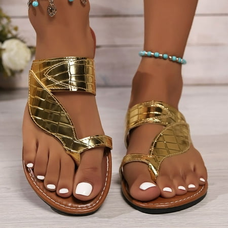 Women s Casual Summer Herringbone Slippers  Large Size Outer Wear  Embossed Pattern  Flat Toe  Beach Sandals  Comfortable  Outdoor  Walking  Home Shoes  Plus Size Women Clothes | Gold 42 | Sopatenor