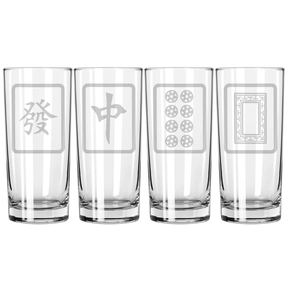 Set of 4 Highball 15 oz Tall Beverage Drinking Glass Tumbler Gift Mahjong Tiles Collection