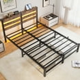 thumbnail image 3 of Gzxs Metal Platform Bed Queen Size, Heavy Duty Iron Bed Frame with LED Light Strip and USB Charging Ports on Wood Headboard, Rustic Brown, 3 of 8