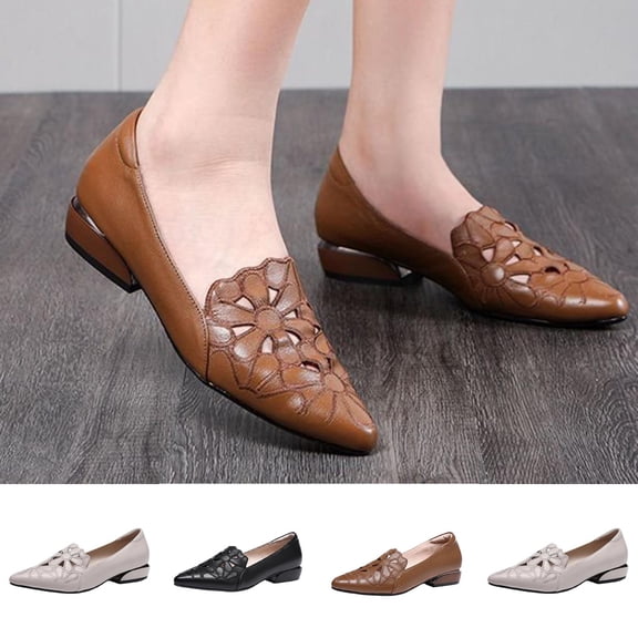 Miluxas Women’s Leather Hollow Floral Pointed Toe Flats, Low Block Heel Slip On Loafers, Breathable Cutout Casual office Shoes White 8.5(41)