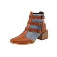 thumbnail image 2 of Ladies Chunky Heel Colorblock Belt Buckle Back Zipper Mid Heel Motorcycle Boots, 2 of 9
