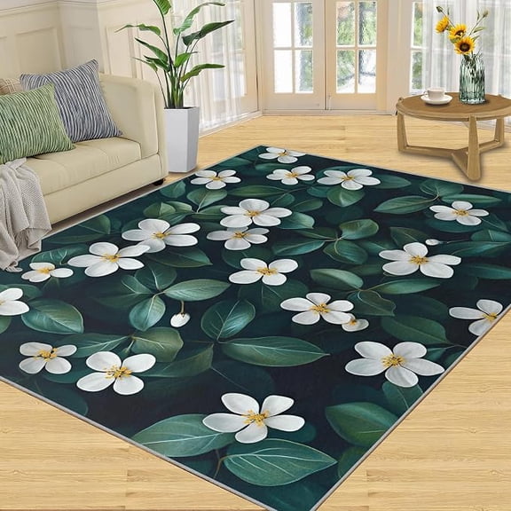 Floral Area Rug, Floral Floral Rugs for Bedroom, Nordic Green Rugs for Living Room, Low Pile & Non Slip, Indoor Carpet, Washable Rug & Home Decor 3 x 5ft