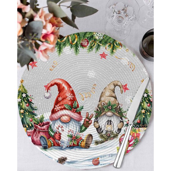 13 Inch Round Placemats Set of 4, Grey Christmas Non Slip Heat Insulation PP Table Mats, Gnomes Xmas Tree Snowflake Gifts Washable Place Mats for Kitchen Dining Party Table Decor
