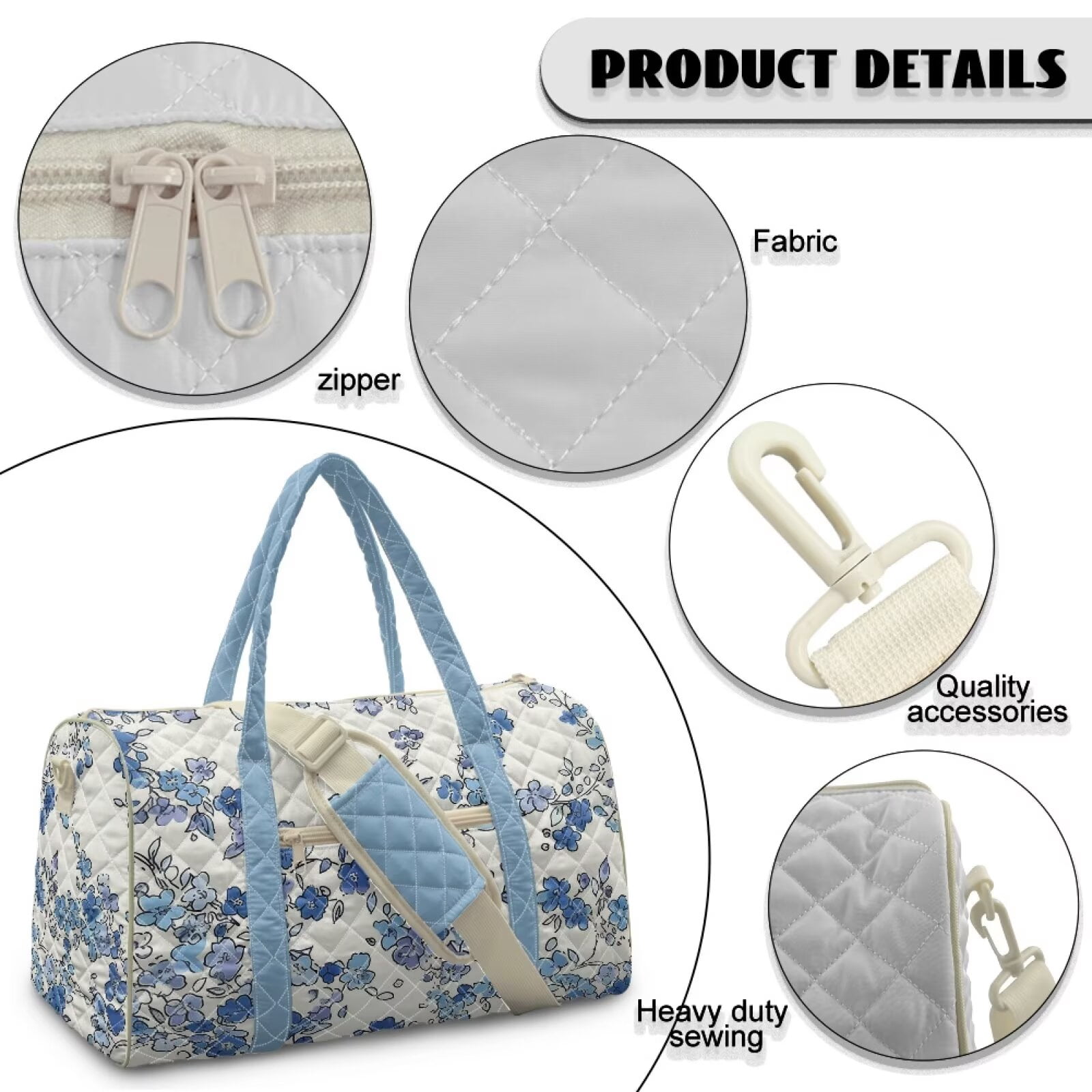 Garronmavis Blue Floral Large Quilted Duffle Bag for Women, Weekender Bag Carry On Travel Overnight Gym Dance Bag with Pockets, Lightweight Airline Approved Luggage Tote