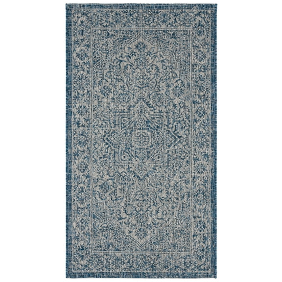 SAFAVIEH Courtyard Joey Medallion Indoor/Outdoor Area Rug, Navy/Light Grey, 2'7" x 5'