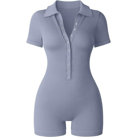 LYMAYTER Women Yoga Onesies Summer V-Neck Short Sleeve Bodysuit Female Casual Stretch Jumpsuits S-XL