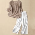 thumbnail image 2 of Pxiakgy Linen Sets for Women 2 Piece Women's Casual Embroidered Top and Cotton Linen Long Pants Two Piece Set Short Sleeves Tops Wide Leg Trouser Pants Suits Summer Casual Dressy Linen Sets Coffee 3Xl, 2 of 7