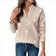 thumbnail image 2 of Suéter con Estampado de Corazones para Mujer, Cuello en V, Jersey de Punto con Ribete de Encaje Caqui M, 2 of 10