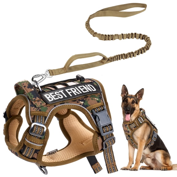 Hutact Dog Harness with Leash, No Pull Dog Harness, No Choke Reflective Vest with Handle, Adjustable Pet Harness for Running Walking, Khaki, Large Size