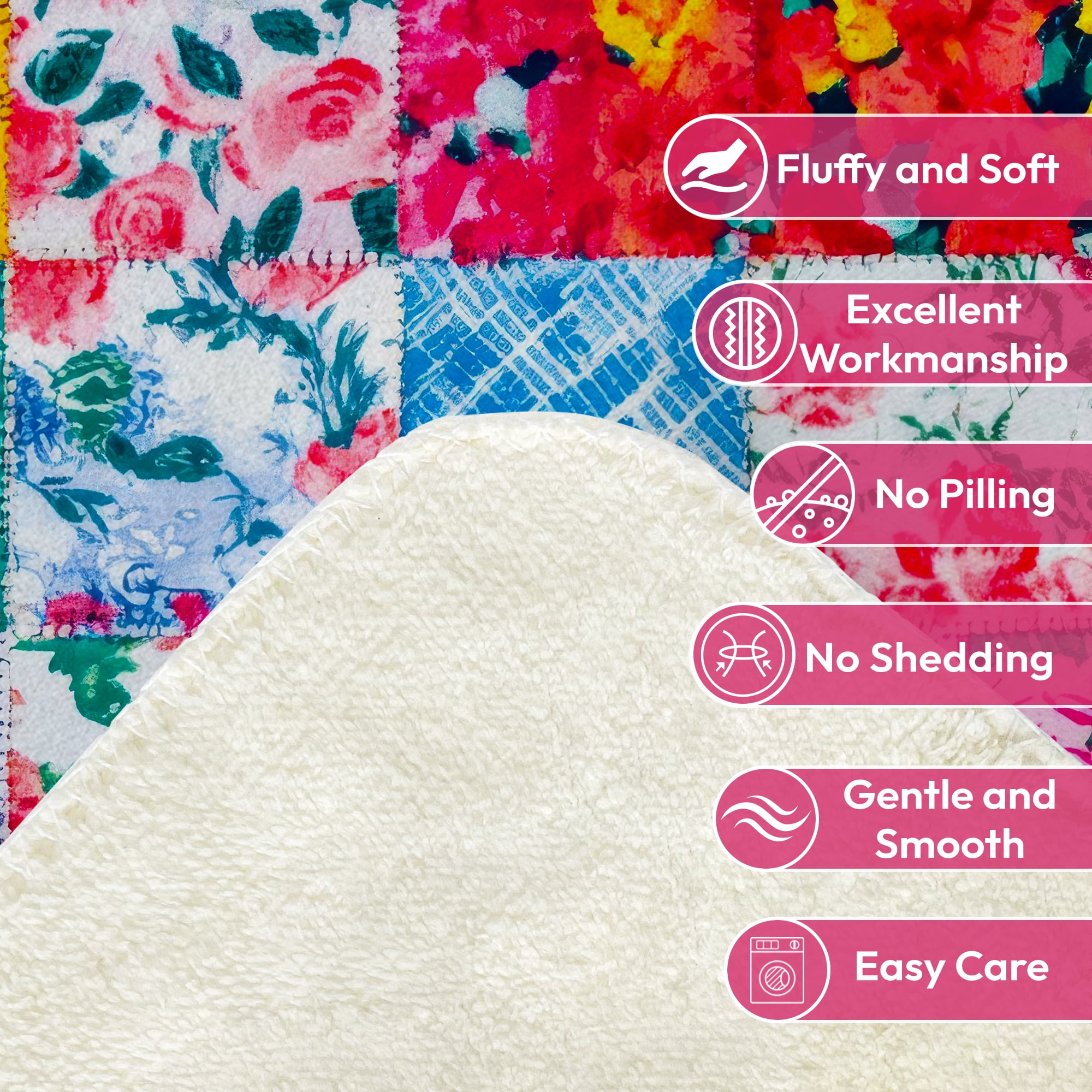 Sherpa Fleece Throw Blanket 50"x60" Reversible Plush Fluffy Blanket, Double-Layer Super Soft Flannel Blanket for Sofa, Couch, Bed, Patchwork Floral Pattern