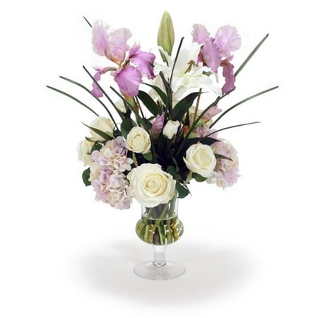 

25 x 22 x 17 in. Unisex Cream - White & Lavender Hydrangea with Lavender Iris in Glass Urn - Purple