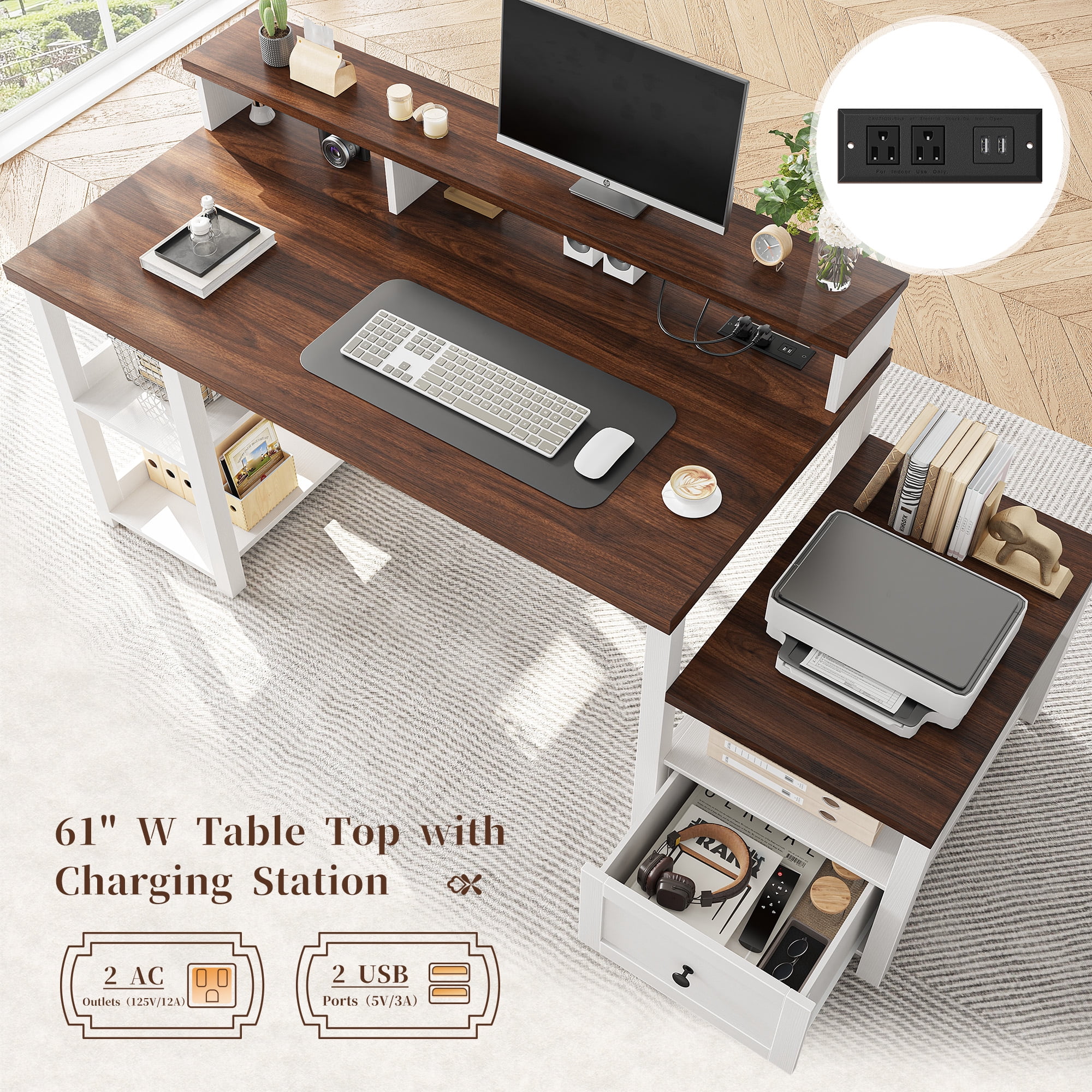 Romorgniz 60" Computer Desk Office Desk with Monitor Stand Home Office Desk with Drawers & 4 Open Storage Shelves Executive Desk with Power Outlets & LED Light for Working Writing, Brown&White