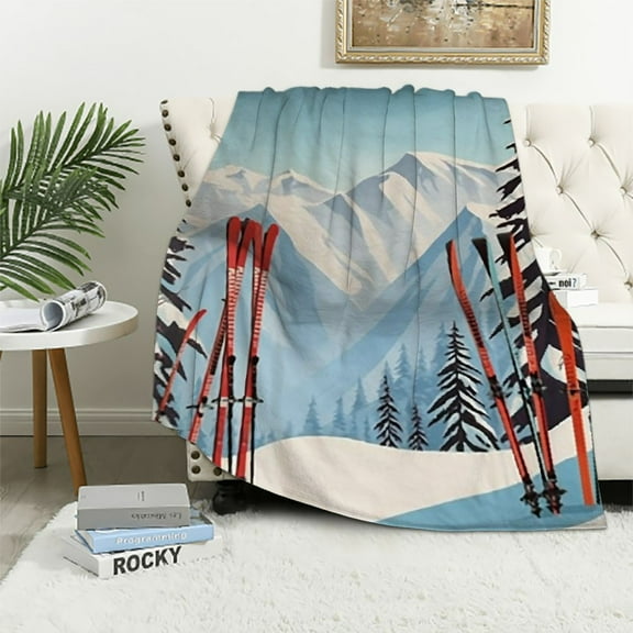 Orinice  Ski Throw Blanket, Ski Poles Dipped into Snow on a Snowy Mountainous Setting, Flannel Fleece Accent Piece Soft Couch Cover for Adults 40x50in