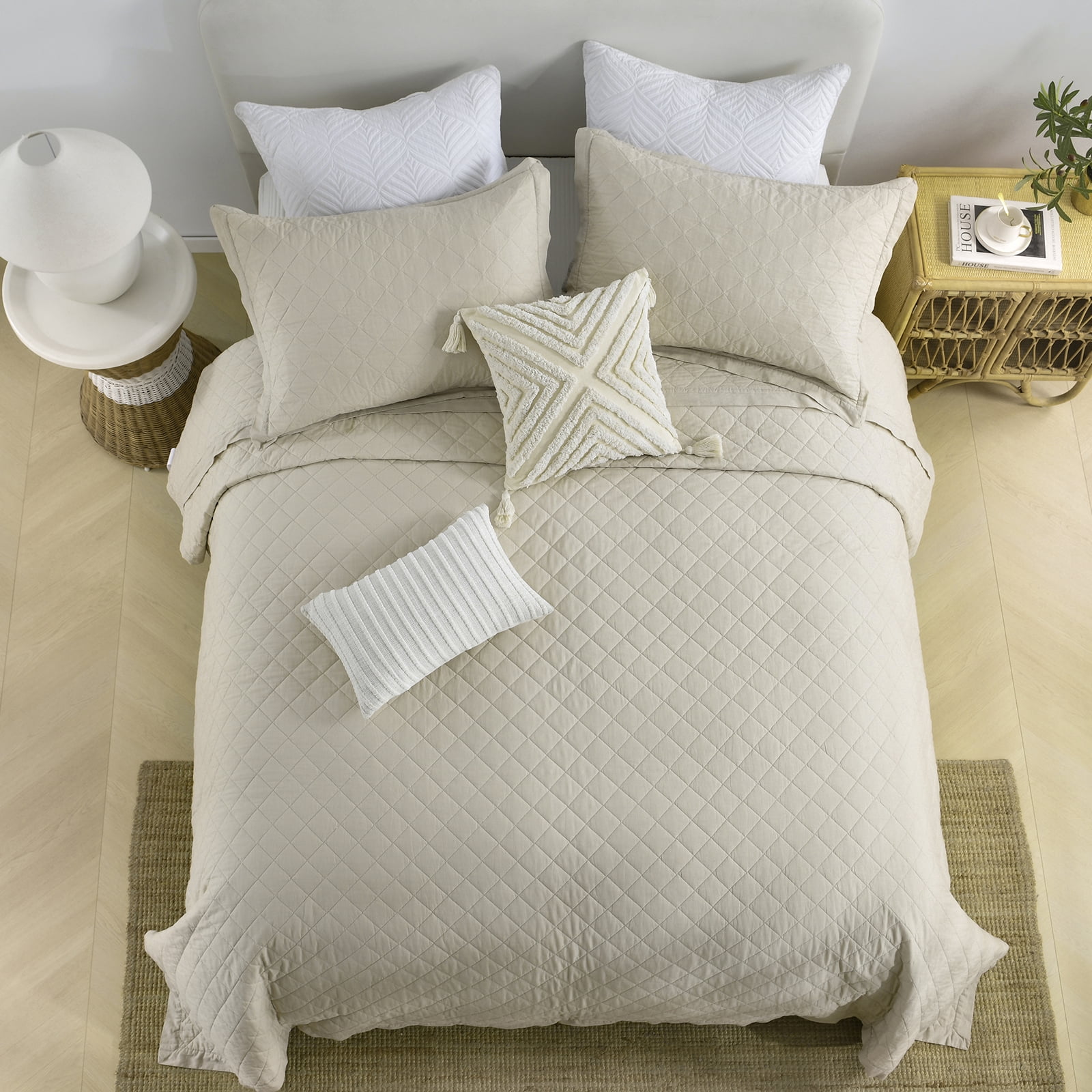 PANGUSHAN 100% Cotton King Quilt Set, Elegant Diamond Pattern Solid Color King Size Quilt Bedding Set Bedspreads, Reversible Quilted Lightweight Comforter, Beige Bed Spread for King Bed, 3pcs