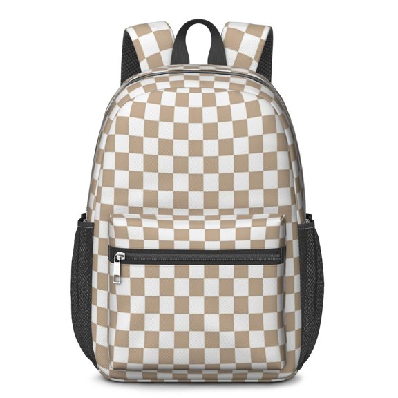 Brown and White Checkered Pattern 17" School Backpacks for Teens,Waterproof Oxford Fabric,S-Shape Padded Straps for School,Travel,Hiking,Camping