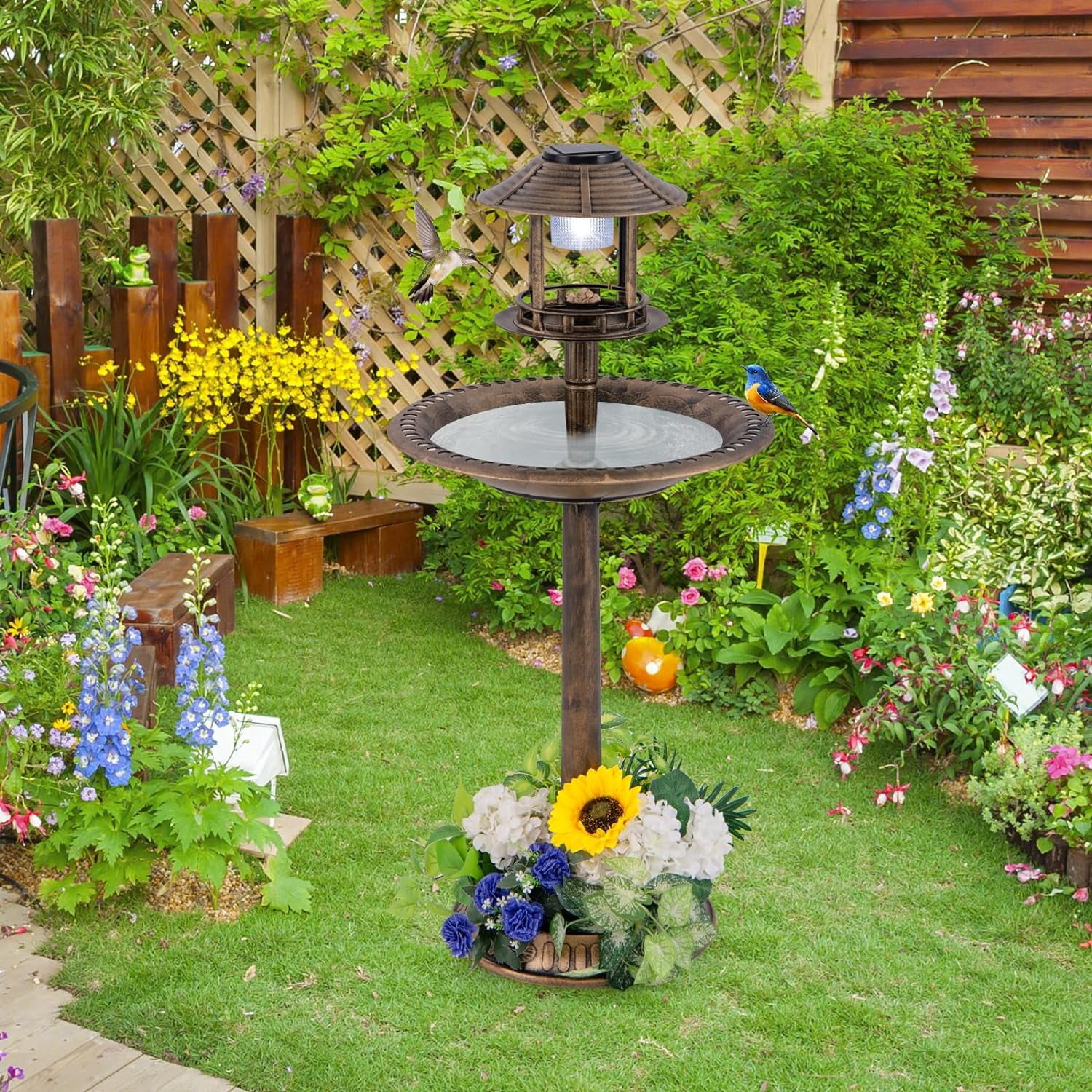 WBTER 42 inch Bird Bath Solar Lighted, Pedestal Bird Bath with Bird Feeder, Flower Planter Base, Solar Powered Lamp, 3 Ground Stakes, Standing Birdbath for Outside Garden Yard Outdoor (Bronze)