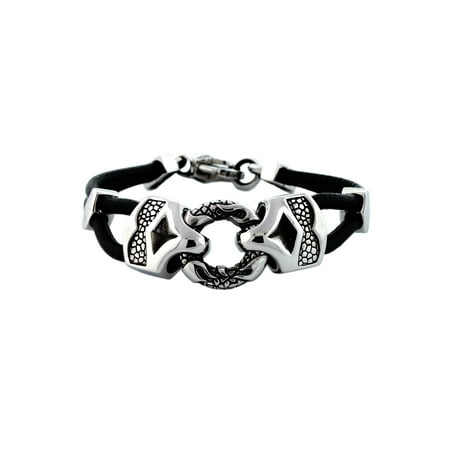 Men's Stainless Steel Tribal Design Double Leather Bracelet, 8