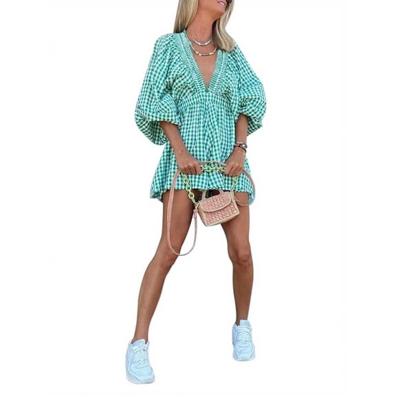 Green Gingham Deep V-Neck Romper With Puff Sleeves And Smocked Waist