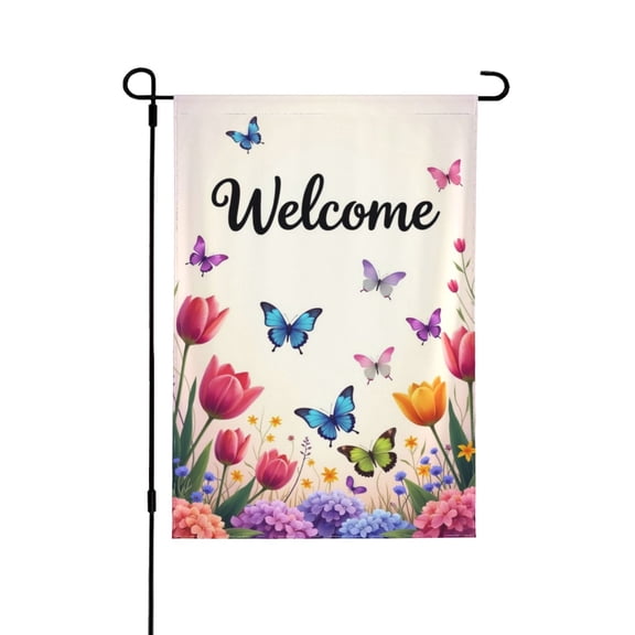 Welcome Spring Garden Flag 12x18 Inch, Double Sided Butterflies And Flowers Outdoor Yard Flag, Vibrant Floral Decorative Banner For House Lawn Patio Terrace Summer Decoration