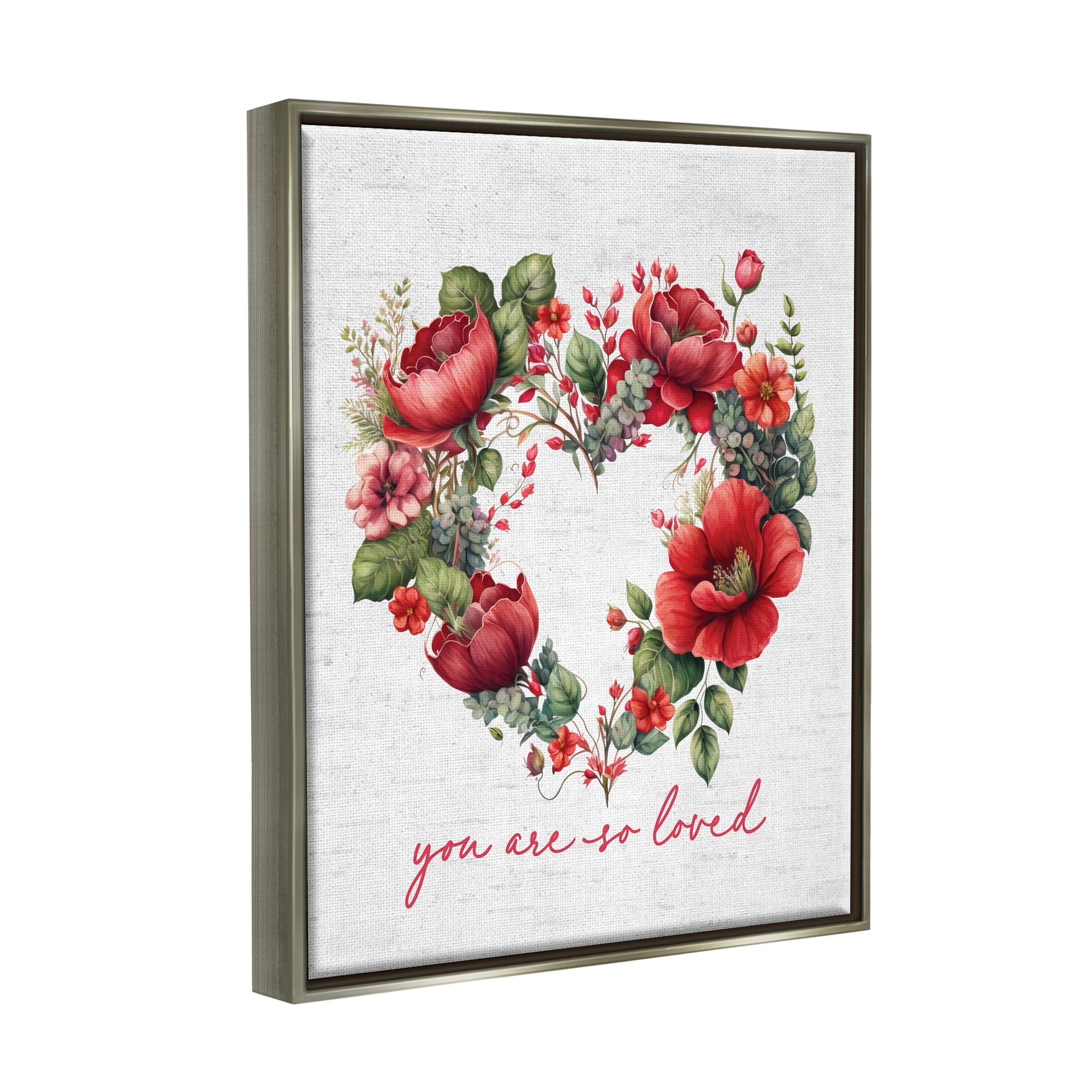 Stupell Industries Valentine's Heart Shaped Wreath Botanical & Floral Painting Gray Floater Framed Canvas Art Print Wall Art, 17 x 21