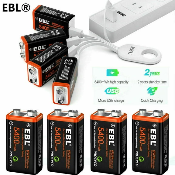 4x EBL USB Rechargeable 9V Volt Lithium Batteries 5400mWh Micro Charging Cable