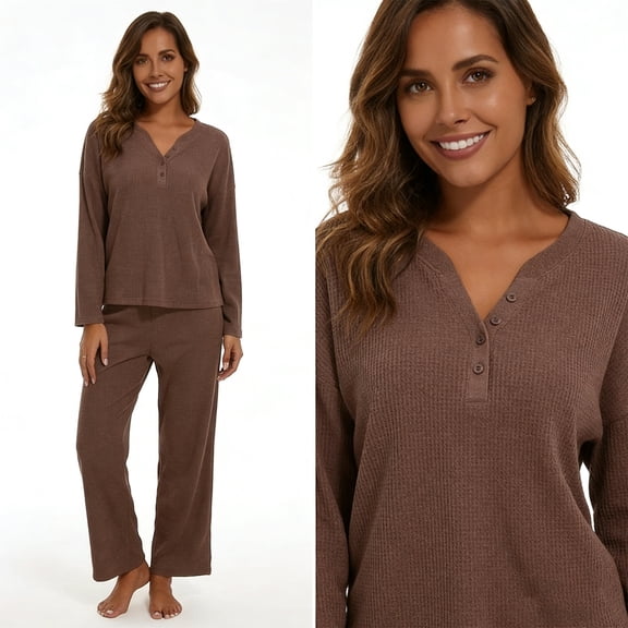 MecTo Women Pajamas Sets, Lady Waffle Button Down Shirts Long-Sleeved PJ, Brown, 2 piece, Size M