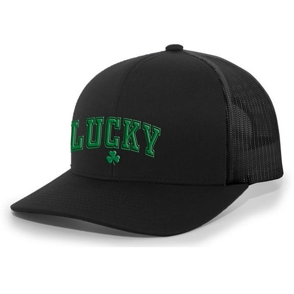 Mens St. Patrick's Day Hat Lucky Saint Patrick's Green Shamrock 4 Leaf Clover Irish Embroidered Trucker Hat, Black/Black