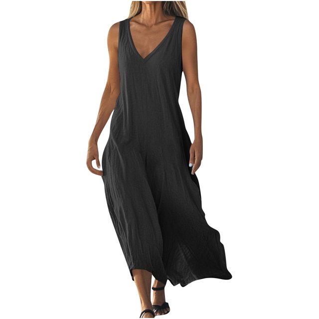 Admvng Robes pour Femmes Décontractées à Col en V Sans Manches Robe d'Été Grande Taille Ample Longue Robe de Plage d'Été P-2TG