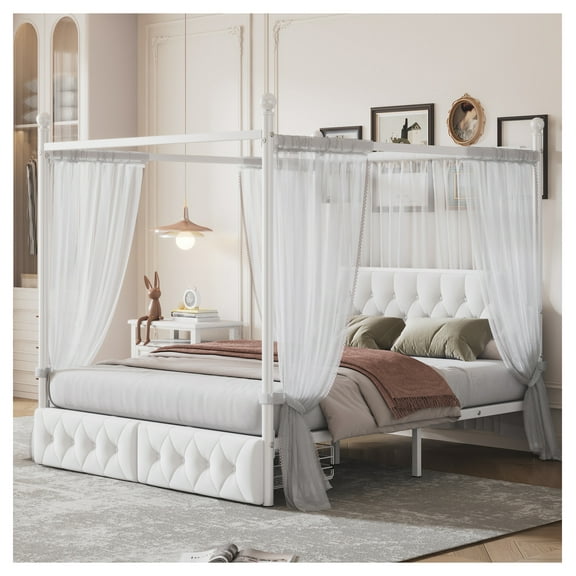 Queen Metal Canopy Platform Bed w/ Upholstered Headboard & 2 Drawers, White