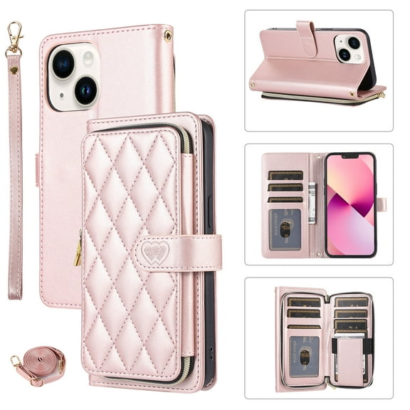 Crossbody Strap & Lanyard for iPhone 14 Case Wallet, with 10-Card Holder & 1 Bills Slot Soft PU Leather Magnetic Flip Folio Heavy Duty Protection Case for iPhone 14, Rosegold