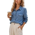 thumbnail image 2 of Danhjin Women's Button Down Denim Shirt Collared Casual Long Sleeve Shirts Tops on Clearance, 2 of 6