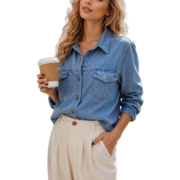 Coat for Women Plus Size Spring/Autumn Casual Fashion Loose-Fitting Button-up Denim Long-Sleeved Jean Jacket