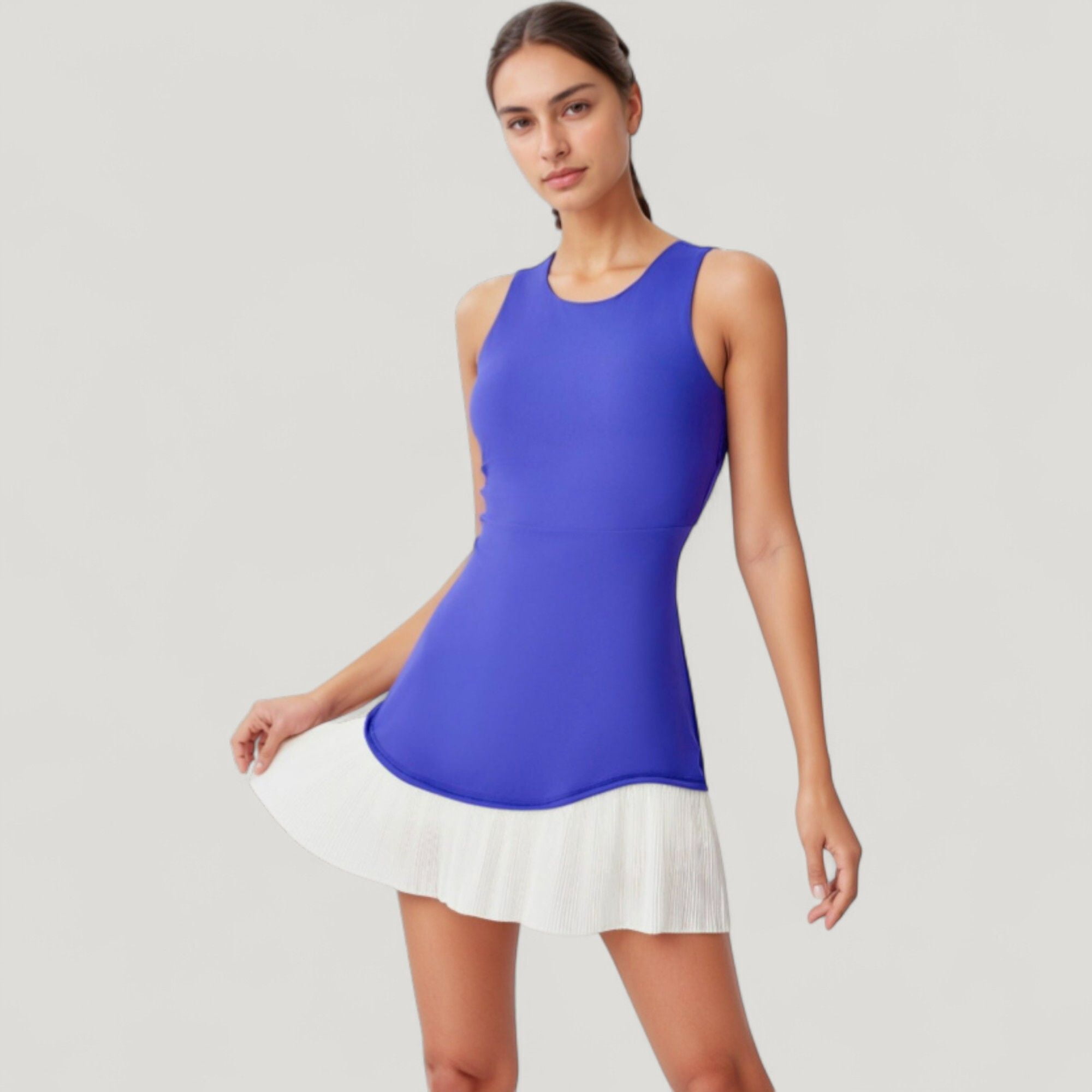 Women's Sleeveless Tennis Dress with Scoop Neck Fitted Bodice and Contrast Pleated Hem - Large, Purple