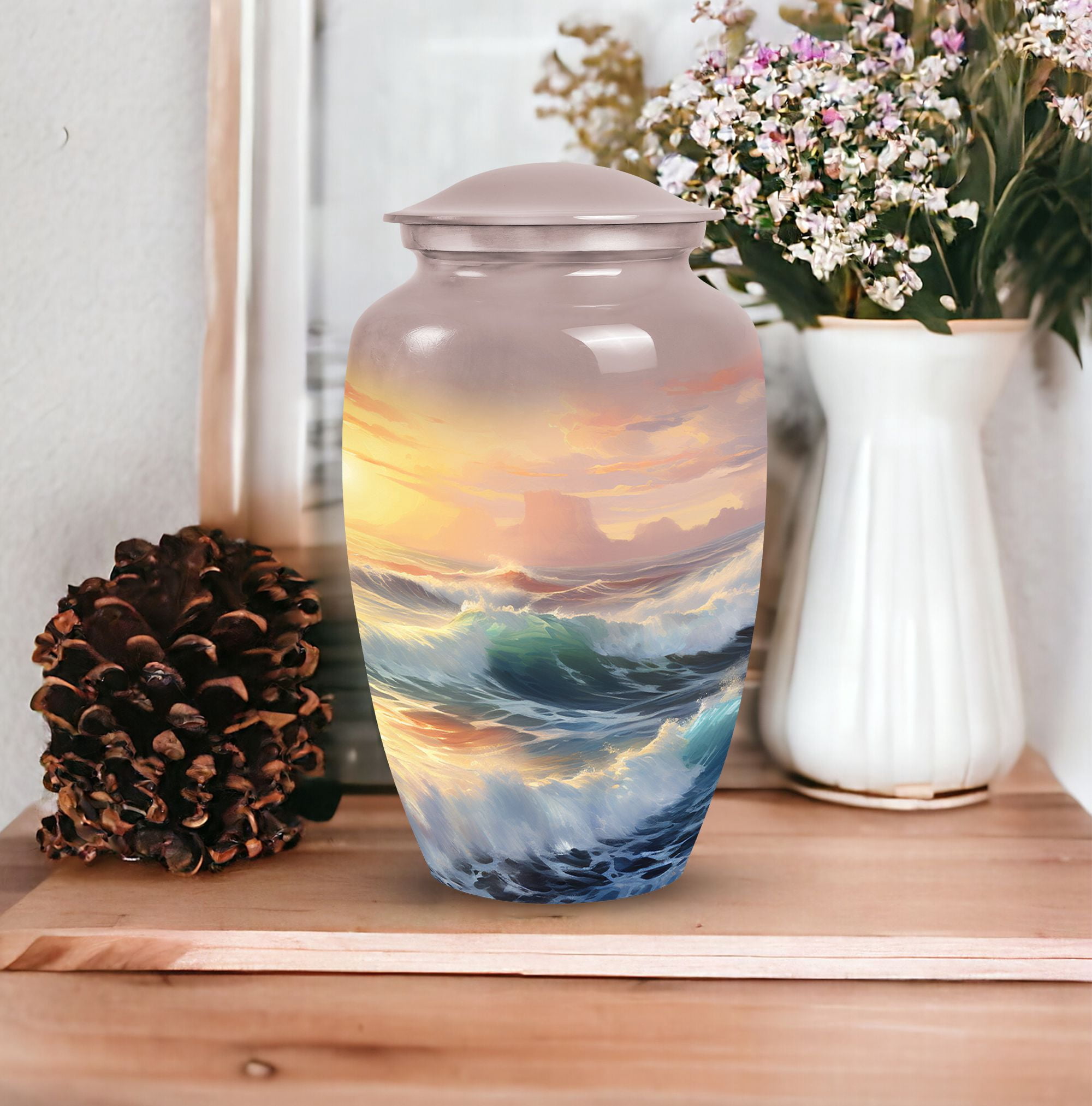 Sunset Over Ocean Waves - Large Urn - 10-Inch Cremation Urn For Adult Ashes - Elegant Design For Men And Women - Urns For Ashes Adult Male Large - Urns For Human Ashes Large Adult