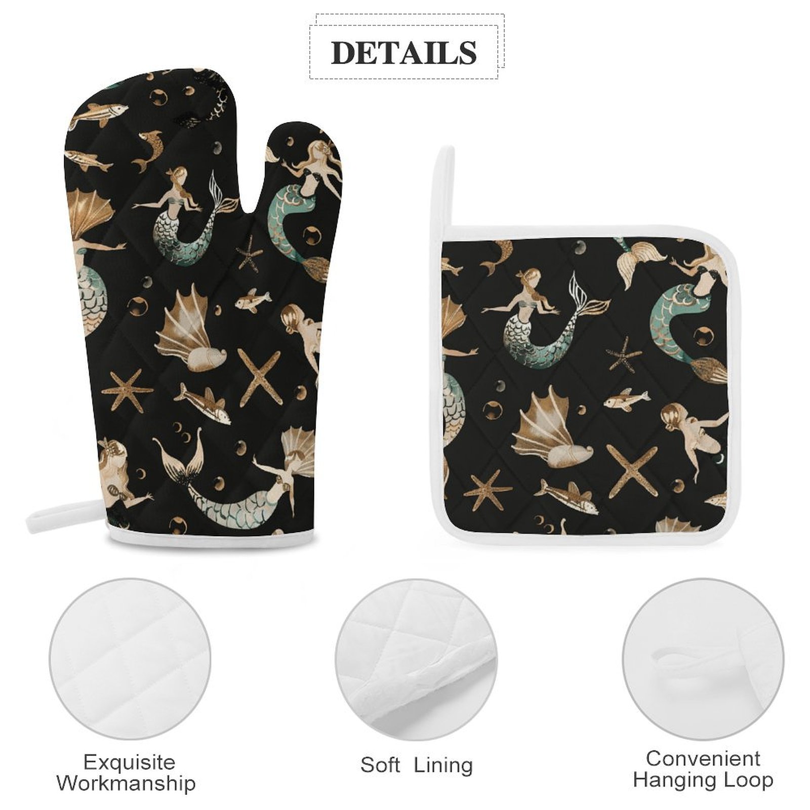 Ocean Cute Mermaid Oven Mitt And Pot Holder Set Oven Glove for Kitchen Baking Cooking Grilling