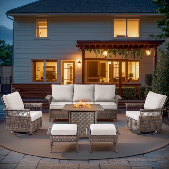 PARKWELL 6 Pieces Patio Furniture Set with Fire Pit Table, Outdoor 7-Seat Wicker Conversation Couch Set with Swivel Gliders Chairs, Deep Seating Furniture for Porch Deck, Brown/Beige