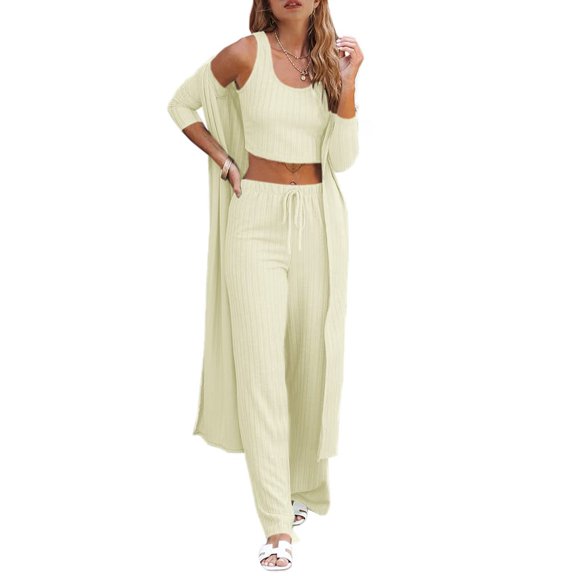 Sherrylily Fall Women Pajamas 3 Piece Set Crop Vest Top Loose Pants and Cardigan Knitwear Jumpsuit